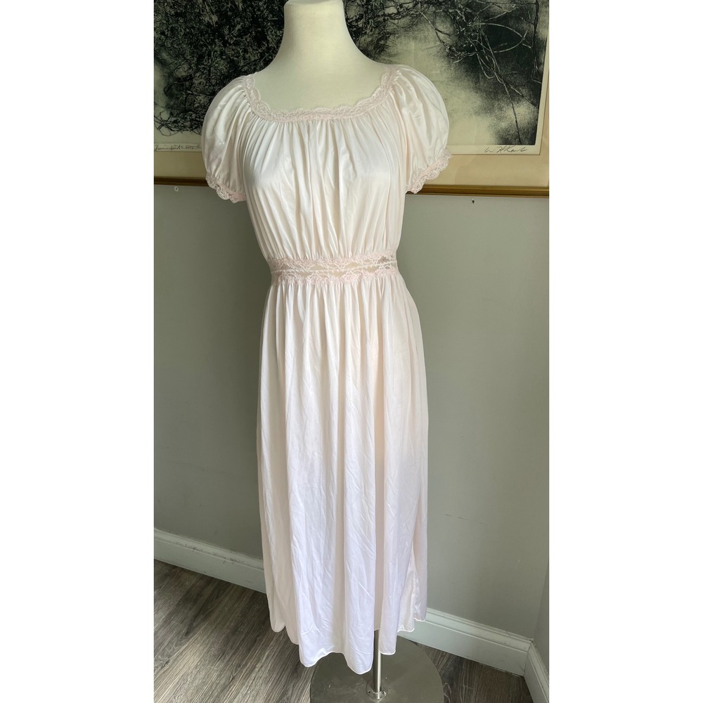 Wacoal Vintage Pink Nylon Lace Trim Nightgown Puff Sleeve Maxi Sleepwear Womens